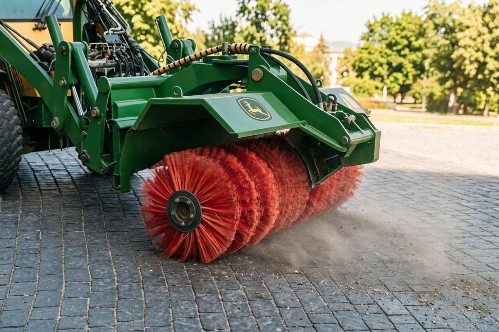 Tracteur avec balai mécanique pour le nettoyage printanier